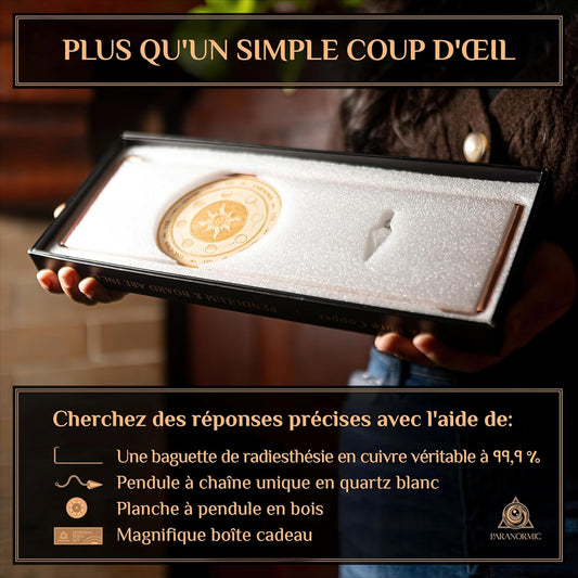 Copper Radiesthesia Kit - 2 Dowsing Wands with Quartz Pendulum, Natural Quartz, Rotating Handles, Dosing Mat and Pouch for Divination, Beginners and Practitioners