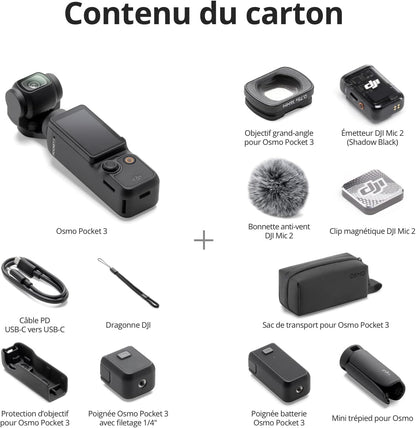 DJI Osmo Pocket 3 Créateur Bundle, camera vlog CMOS 1'' et Vidéo 4K/120 ips, digital et petite, Stabilisation à 3 axes, Suivi Facial/Objet, MAP rapide, avec Micro pour un Son net