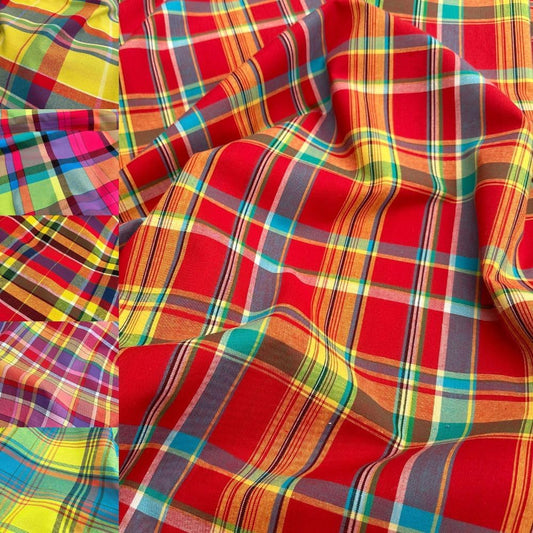 Madras Antillean Guadeloupe Fabric – by 50 cm – 11 Colours 150 g/m² Oeko-Tex for Costumes, Furnishings, Dresses, Caribbean Skirts (Red Yellow Blue)