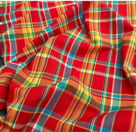 Madras Antillean Guadeloupe Fabric – by 50 cm – 11 Colours 150 g/m² Oeko-Tex for Costumes, Furnishings, Dresses, Caribbean Skirts (Red Yellow Blue)