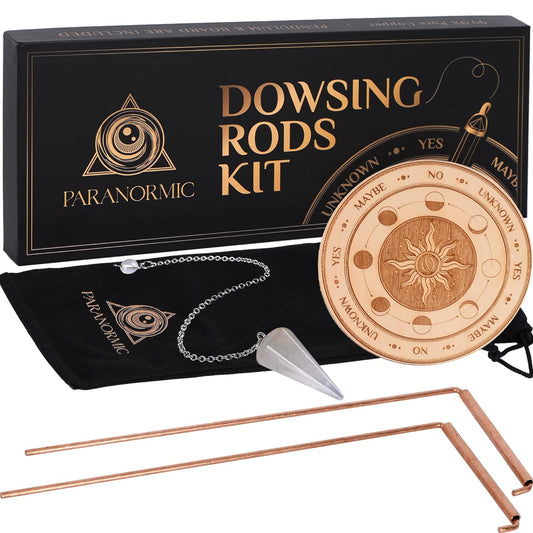 Copper Radiesthesia Kit - 2 Dowsing Wands with Quartz Pendulum, Natural Quartz, Rotating Handles, Dosing Mat and Pouch for Divination, Beginners and Practitioners