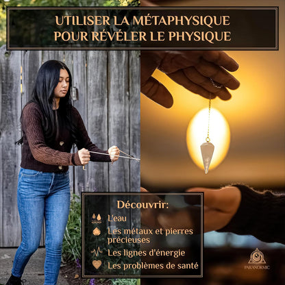 Copper Radiesthesia Kit - 2 Dowsing Wands with Quartz Pendulum, Natural Quartz, Rotating Handles, Dosing Mat and Pouch for Divination, Beginners and Practitioners