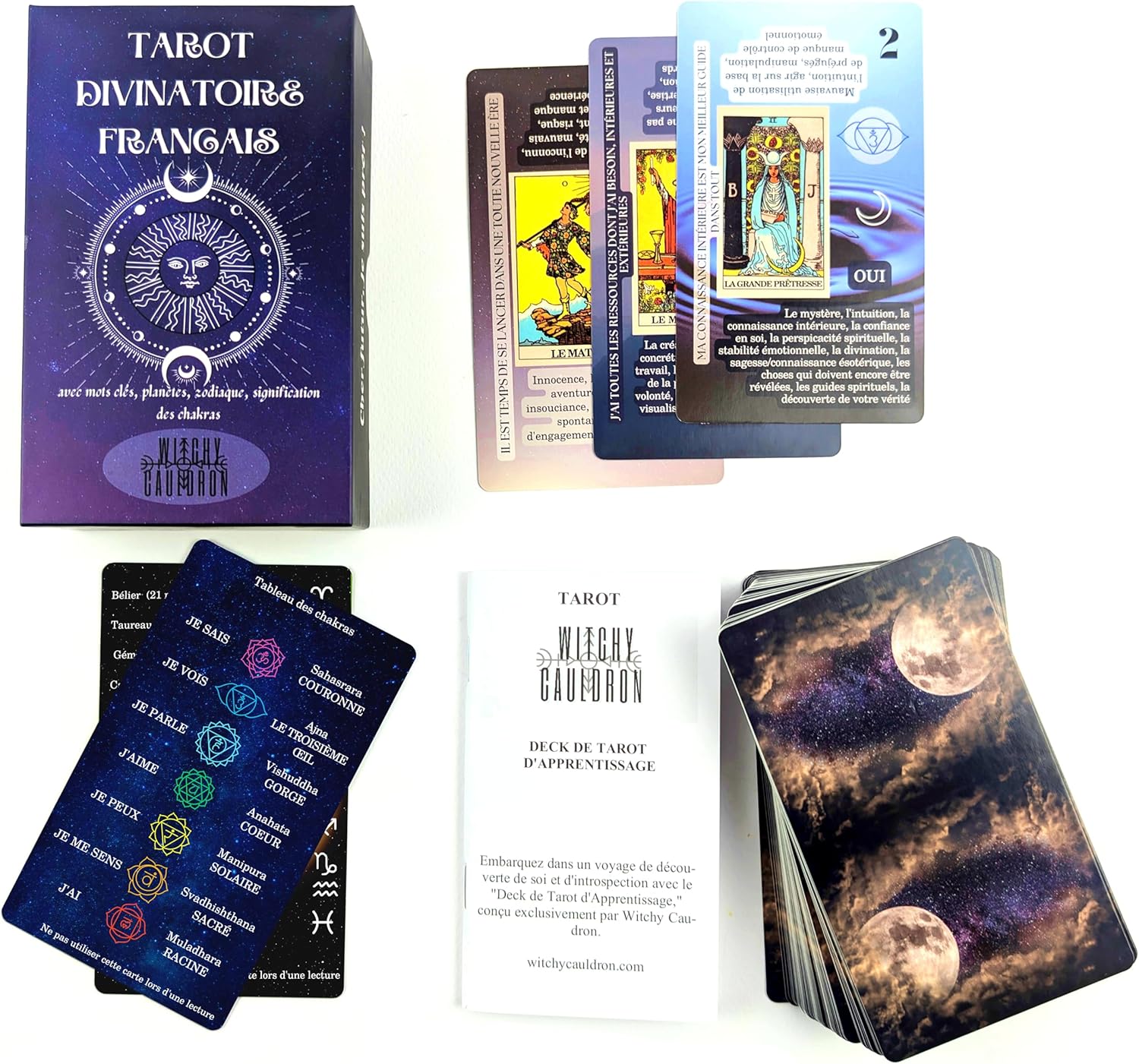 Witchy Cauldron Tarot Cards for Beginners in French with Guide